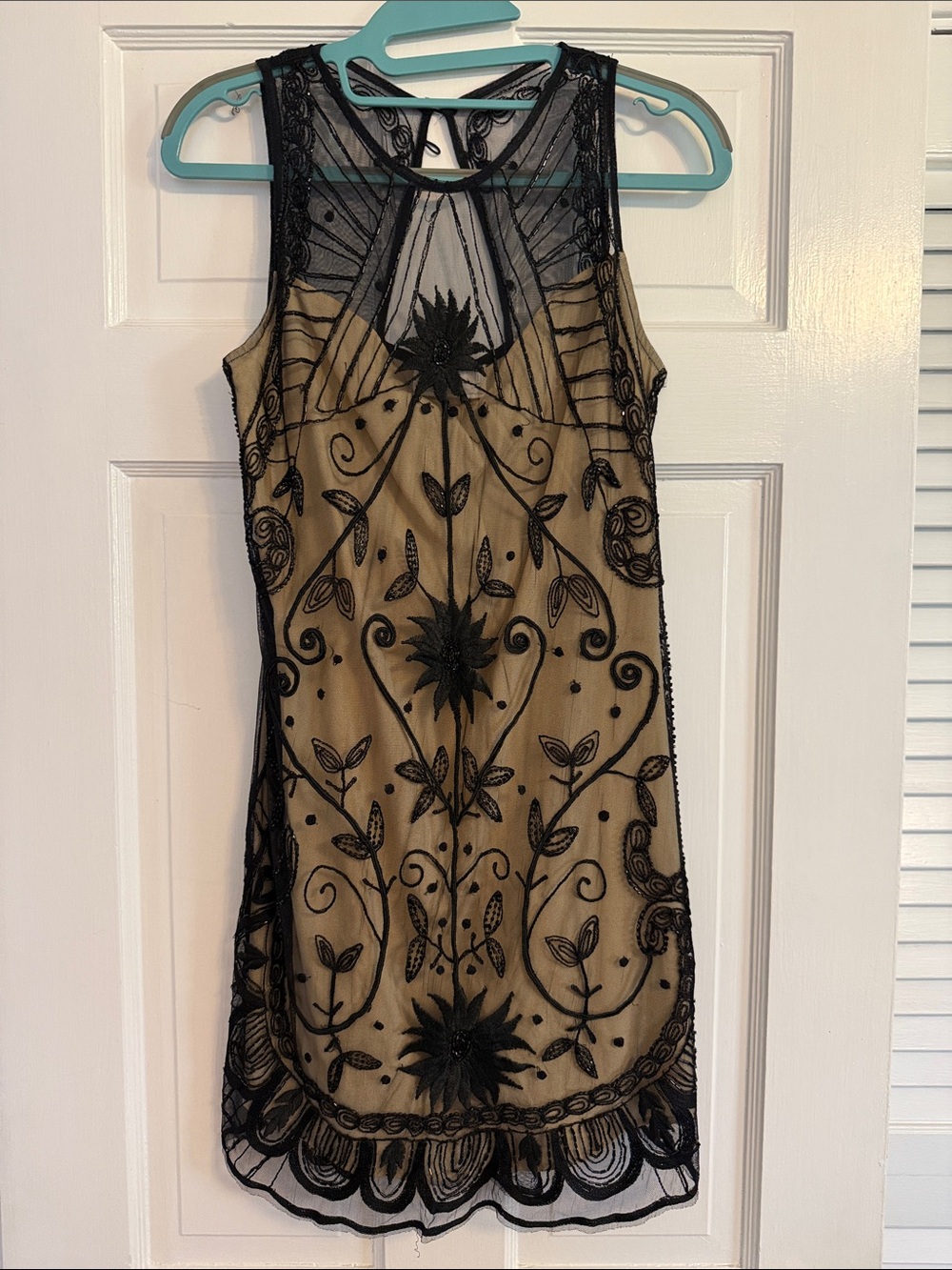 Abercrombie & Fitch Black Embroidered Overlay on Nude Mini Dress
